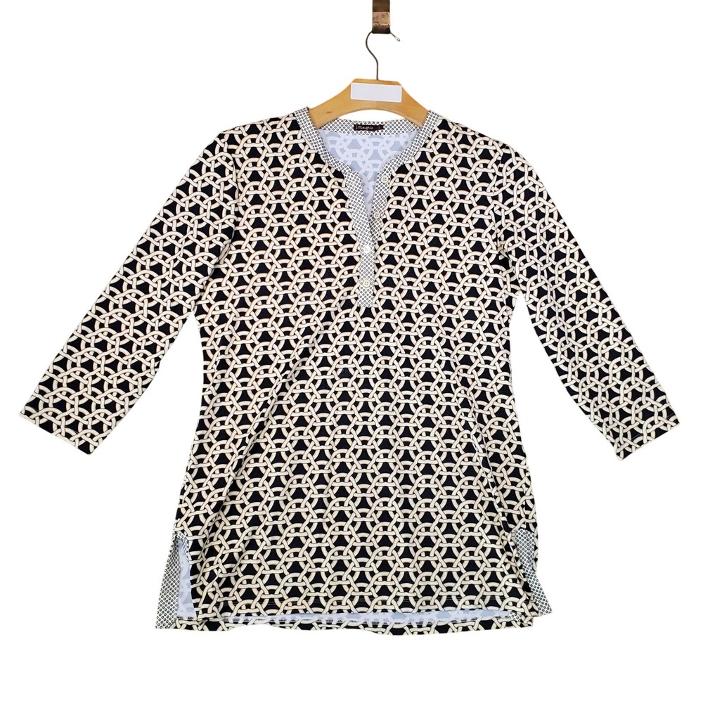 J. McLaughlin Biscayne Tunic Top Womens L Black Geometric Chain Link 3/4 Sleeve